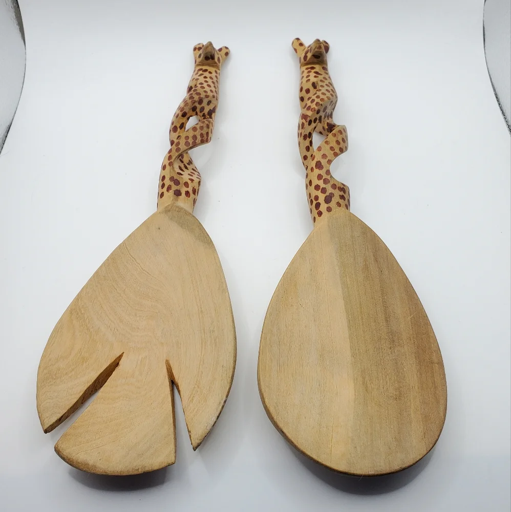 Hand Carved Wood Salad Servers Spoon And Fork Set Cheetah Hand Painted